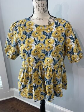 Umgee Yellow Floral Peplum Tunic with Blue Leaf Accents